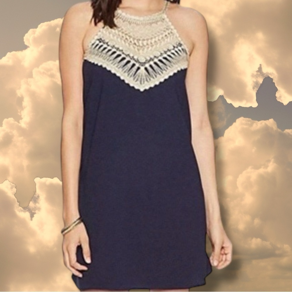 Lilly Pulitzer ‘Pearl Soft Shift Dress’ in “True Navy” with Gold Embroidery Sz 4